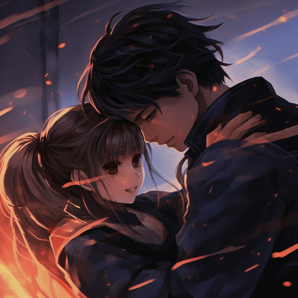 Couple defending each other in a fight, detailed armor and vibrant color contrasts. dramatic scenes couple anime matching pfp pfp for discord.