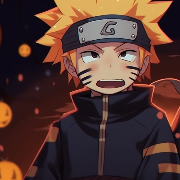 Halloween themed Naruto and Sasuke standing back-to-back, saturated colors and festive background. jinchuriki halloween match pfp with naruto & sasuke pfp for discord.