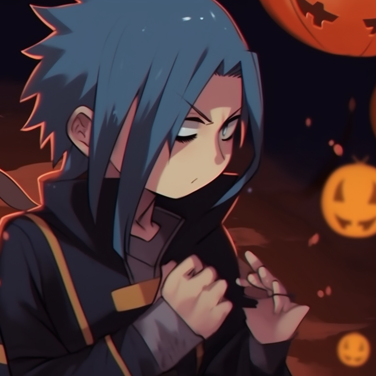 Halloween themed Naruto and Sasuke standing back-to-back, saturated colors and festive background. jinchuriki halloween match pfp with naruto & sasuke pfp for discord.