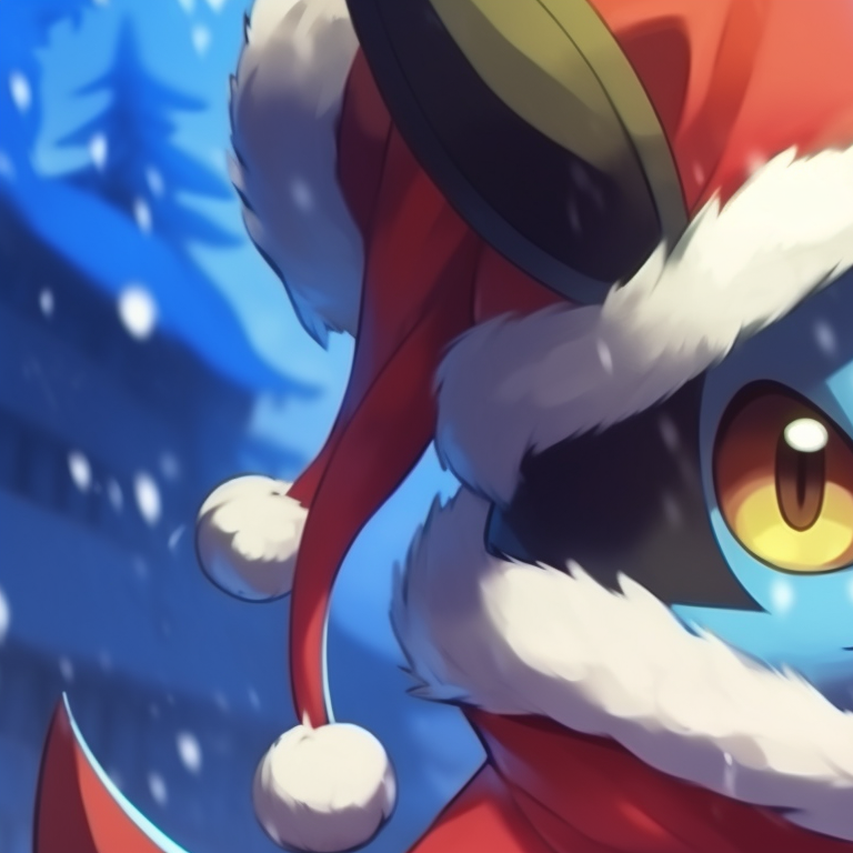 Two Lucarios, distinctive fighting stances, Christmas decorations in the background, and snowflakes cascading around them. highlighted lucario christmas profile pictures pfp for discord.