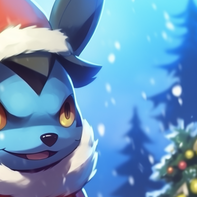 Two Lucarios, distinctive fighting stances, Christmas decorations in the background, and snowflakes cascading around them. highlighted lucario christmas profile pictures pfp for discord.