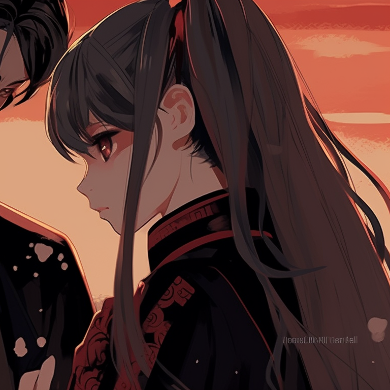 Two characters in fierce battle poses, dynamic strokes and intense shades. anime matching pfp for couples pfp for discord.