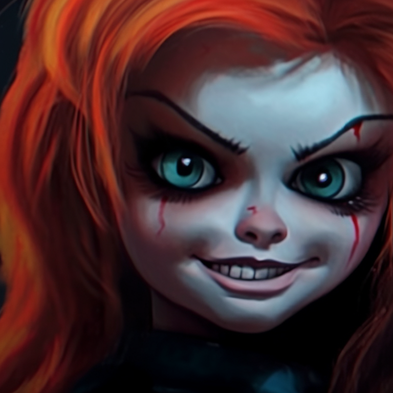 Chucky and Tiffany, vibrant colors, displaying menacing smiles. chucky and tiffany pfp ideas pfp for discord.