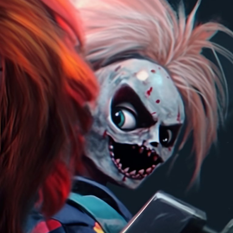 Chucky and Tiffany, vibrant colors, displaying menacing smiles. chucky and tiffany pfp ideas pfp for discord.