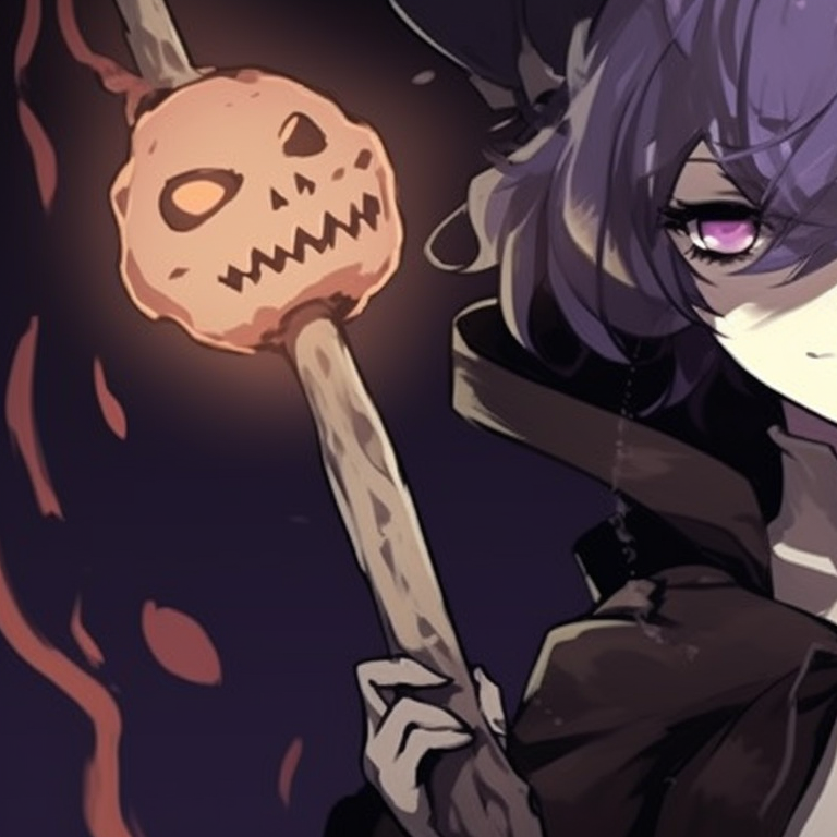 Two anime characters, eerie smile, surrounded by swirls of purple and black. perfect matching aesthetic halloween pfp pfp for discord.