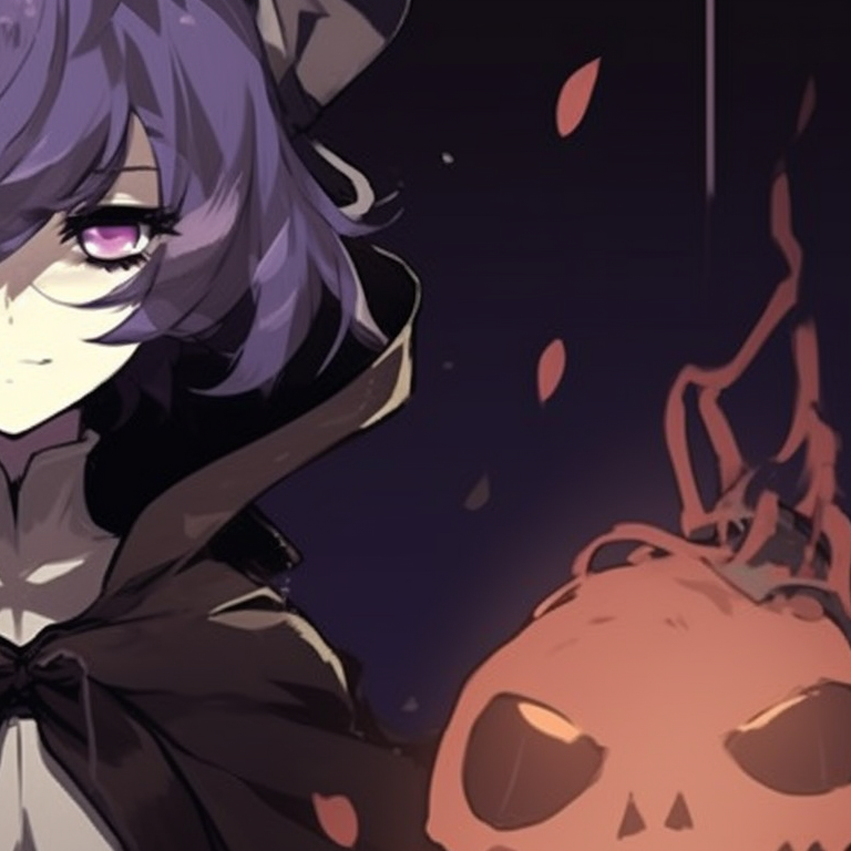 Two anime characters, eerie smile, surrounded by swirls of purple and black. perfect matching aesthetic halloween pfp pfp for discord.