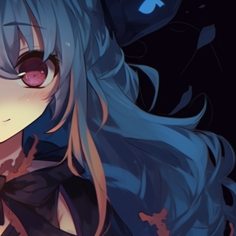 Two characters as moonlit creatures, blue undertones and bright yellow eyes. charming halloween themed best friend matching pfp - spooky duo pfp for discord.