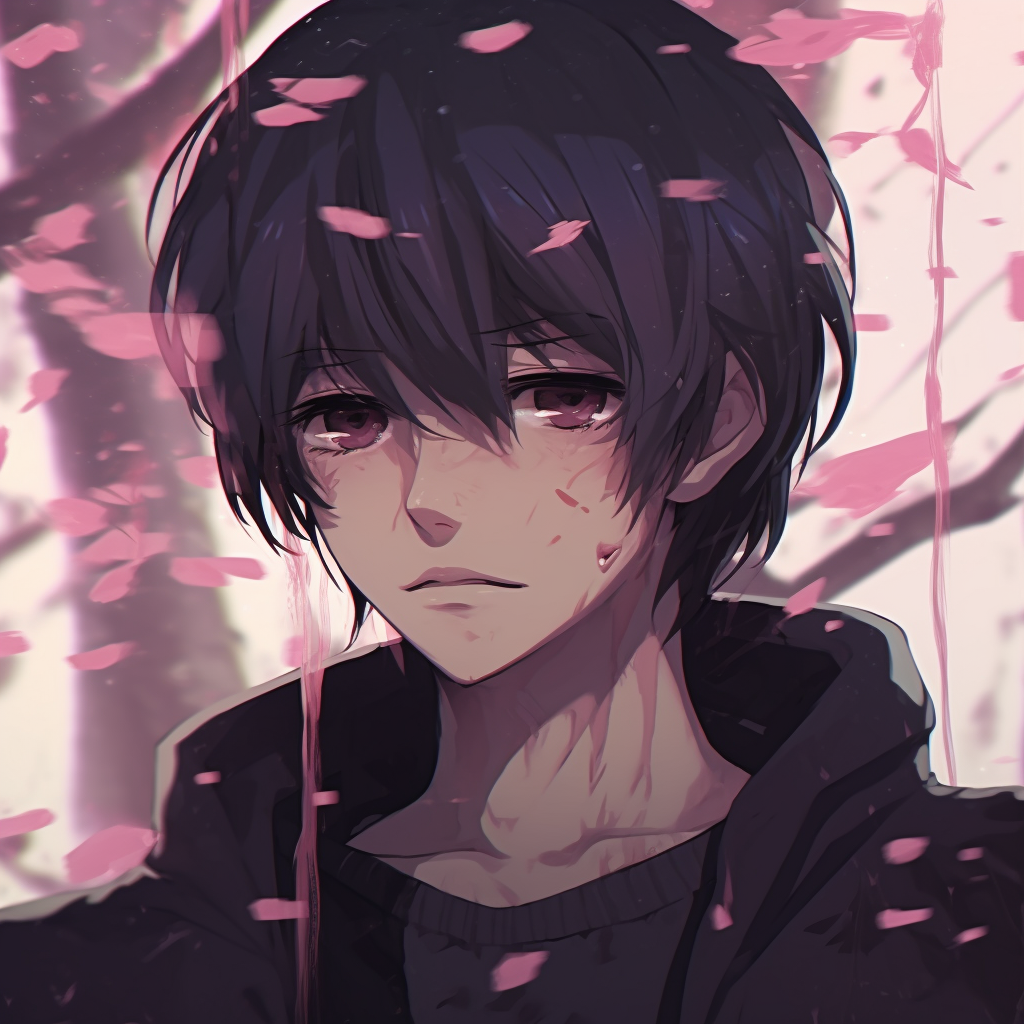 Shows a sad girl surrounded by winter scene, emphasis on cold colors and snow effects. anime aesthetics with sad pfp