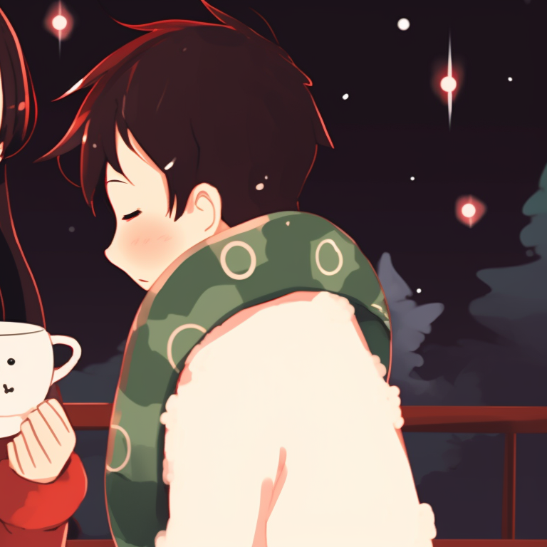 Two characters mischievously decorating a Christmas tree, vibrant colors and laughter-filled expressions. holiday inspired matching christmas discord server pfp pfp for discord.