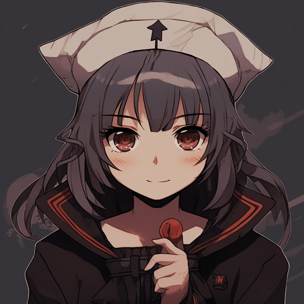 Profile picture of an anime girl portrayed as a sinister sailor, muted tones and sharp lines. halloween anime pfp for girls