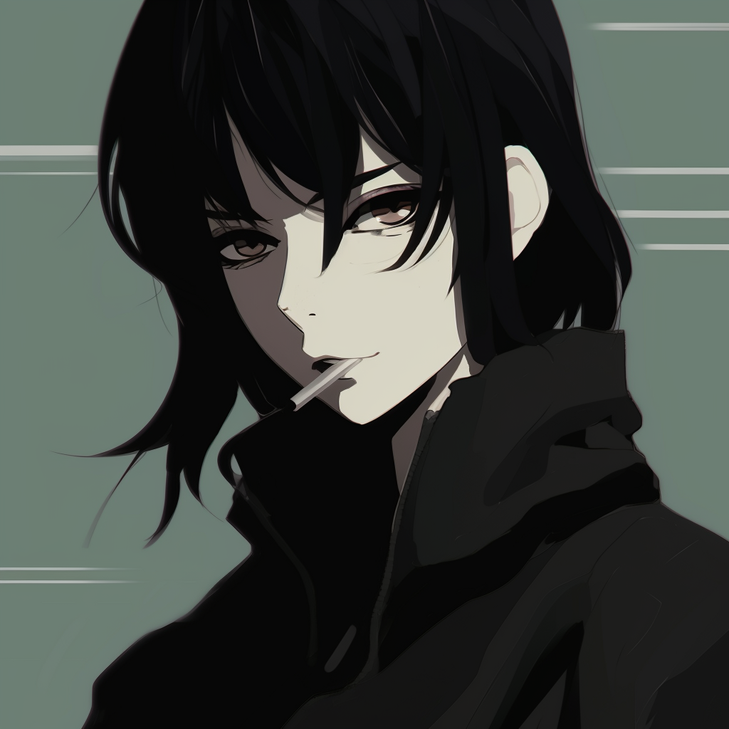 Close-up of a focused protagonist with black hair, highlighting unique eye design and muted color palette. black pfp anime characters pfp for discord.