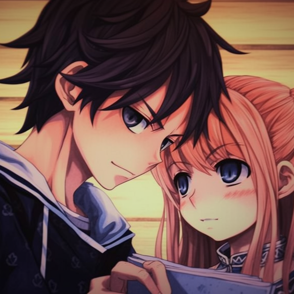 Natsu Dragneel and Lucy Heartfilia, traditional manga drawing style with strong color contrasts. adorable anime couples matching pfp