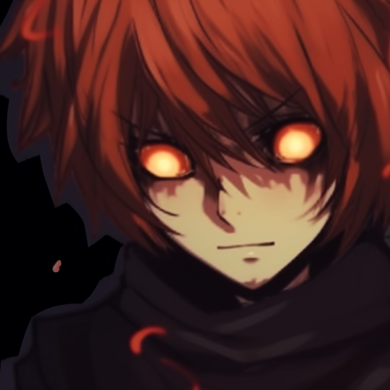 Two characters displaying inscrutable smiles, mirroring each other's pose, under the pale glow of an unseen moon. death note matching pfp halloween theme: spooky edition pfp for discord.