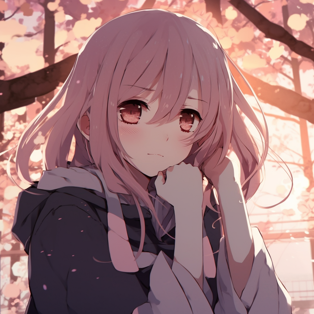 Depressed anime girl seen under a cherry blossom tree, soft pink hues and detailed backgrounds. sad anime characters pfp pfp for discord.