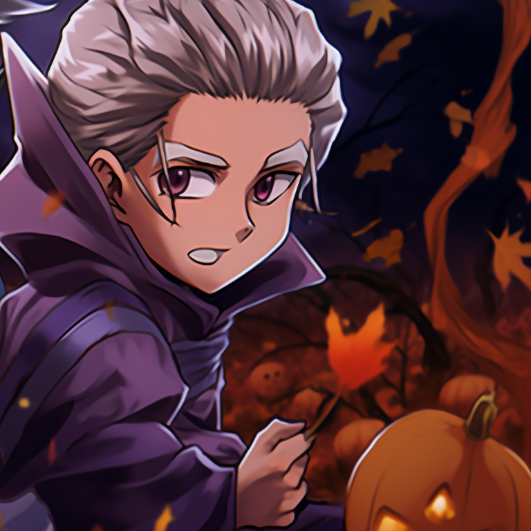 Two characters dressed in contrasting outfits, intense expressions and spooky elements. hunter x hunter matching pfp halloween theme ideas pfp for discord.