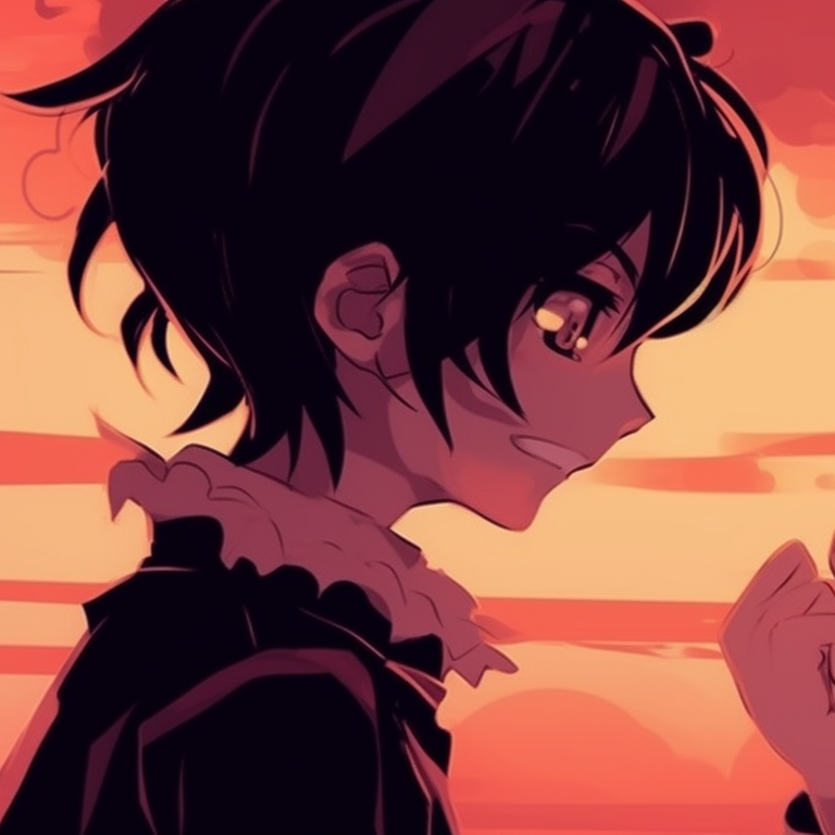 Two characters as silhouettes against an orange sunset backdrop, warm color tones fascinating match for 2 friends' pfp pfp for discord.