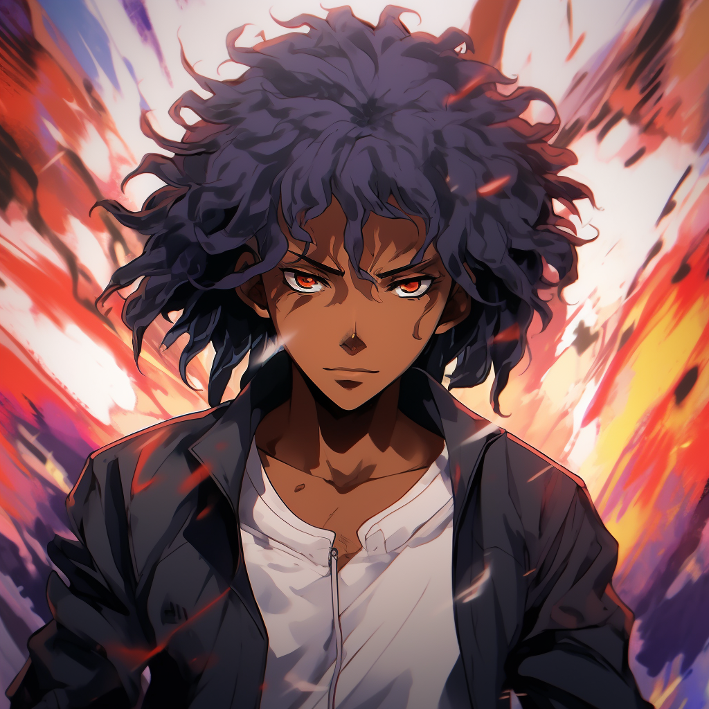 A heroic Black anime character in a determined pose, vivid colors and detailed attire. inspiring black anime pfp artwork