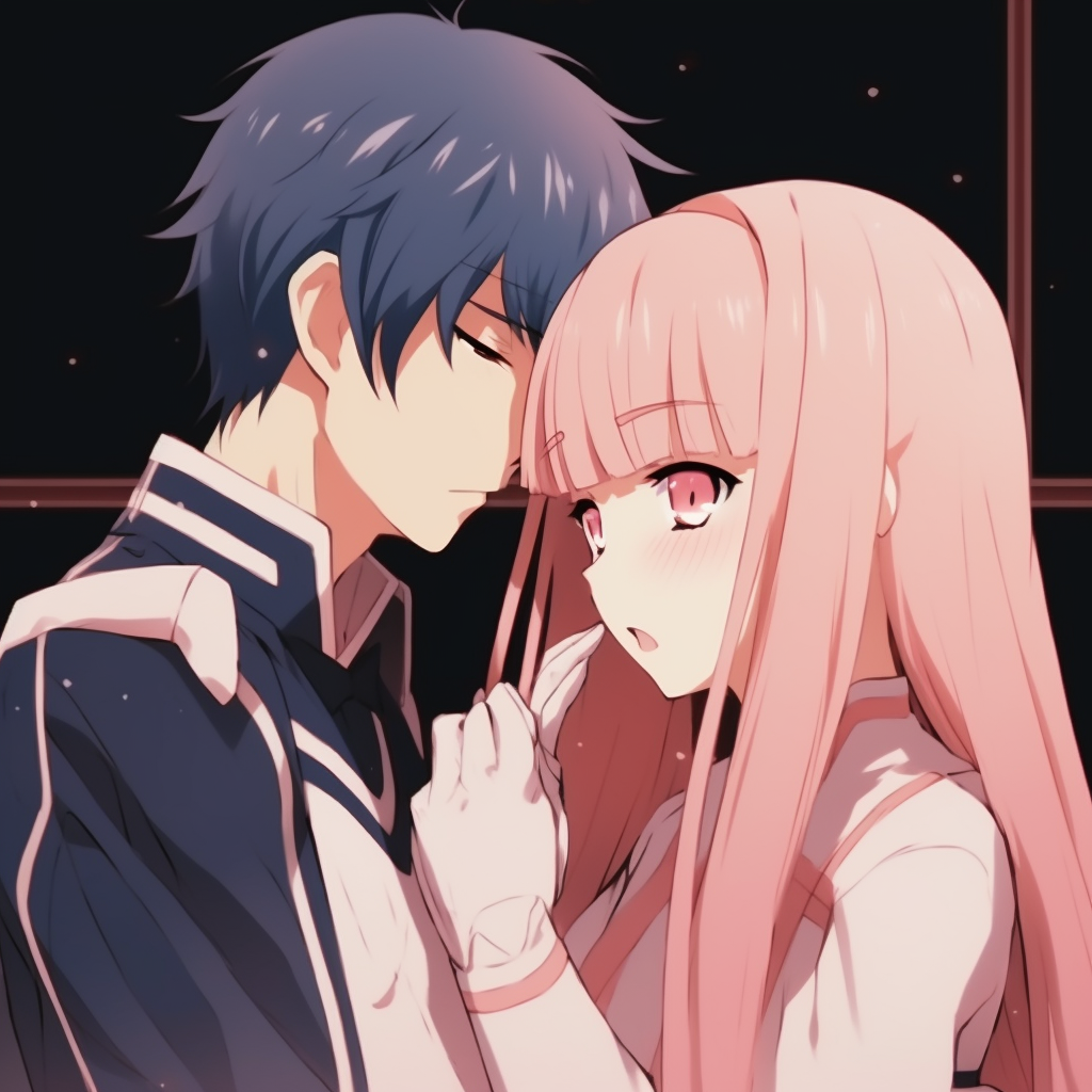 An intimate look into Hiro and Zero Two's relationship, emphasizing on their close proximity and the warm color scheme. matching pfp anime for lovers