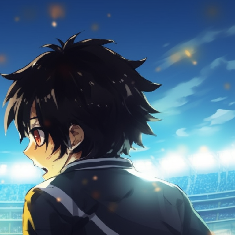 Two characters on the field, detailed background showing stadium lights, emphasizing the intensity of the match. blue lock matching pfp - nagi seishiro pfp for discord.