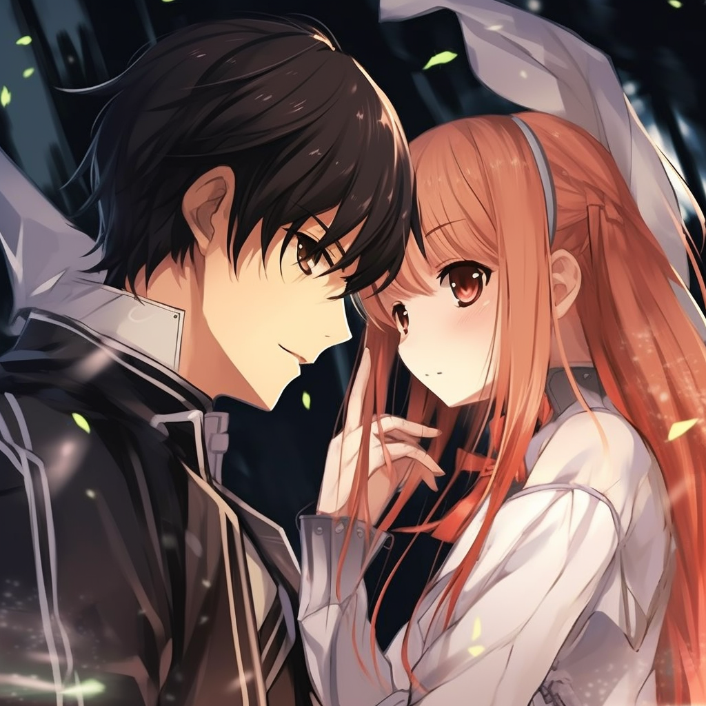 Kirito and Asuna in battle, vivid action lines and colorful effects. matching anime pfp for couples