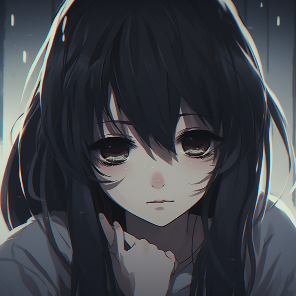 Depressed anime girl portrayed in monochrome, striking contrast and strong lines. aesthetics depressed anime girl pfp pfp for discord.