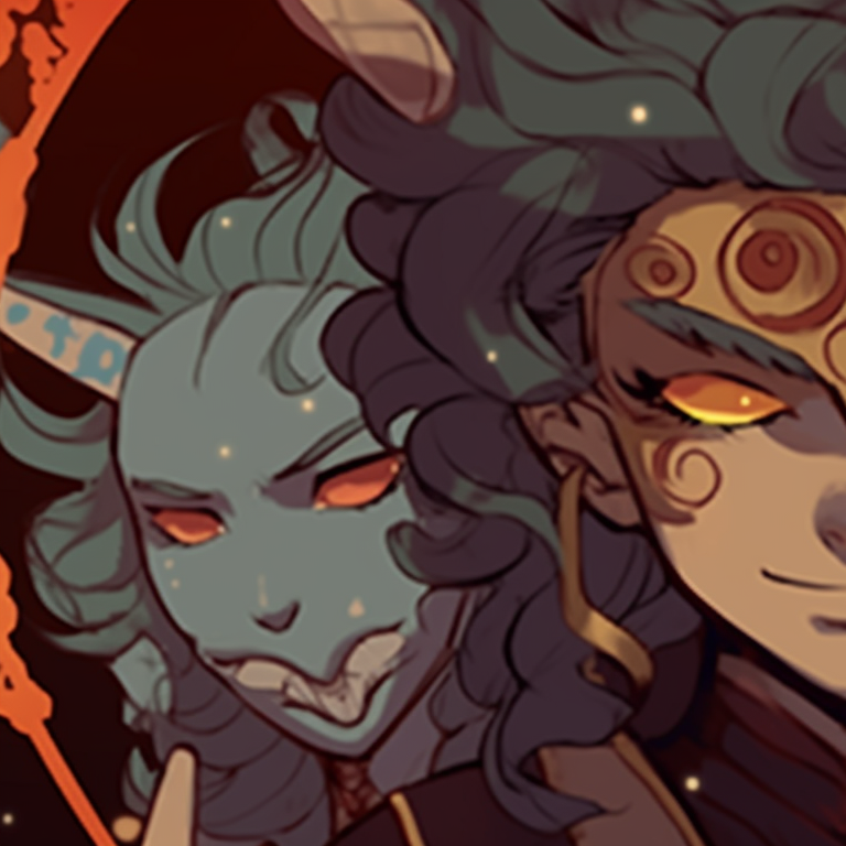 Three characters, mythical features, vivid colors and ornate patterns. creative trio matching pfp pfp for discord.