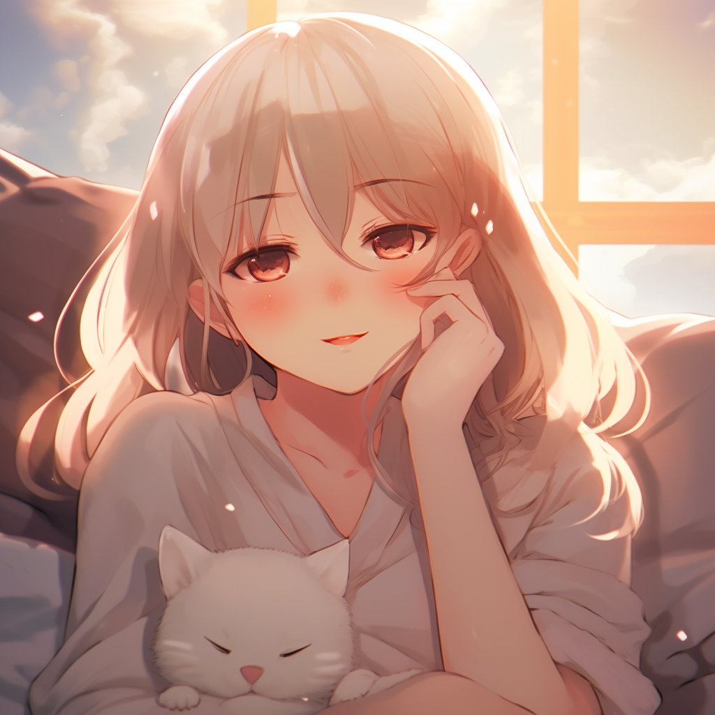 Anime girl with floating lanterns, filled with vibrant lights and peaceful ambiance. relaxing cute pfp anime