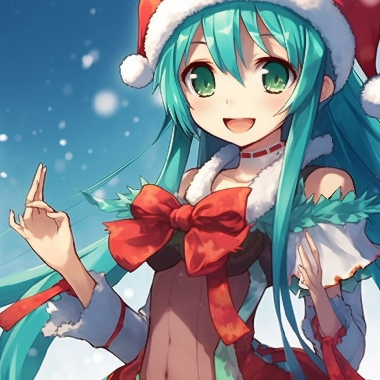 Two Hatsune Miku's in matching red and white Christmas outfits, surrounded by glowing snowflakes. anime theme: matching christmas hatsune miku pfp pfp for discord.