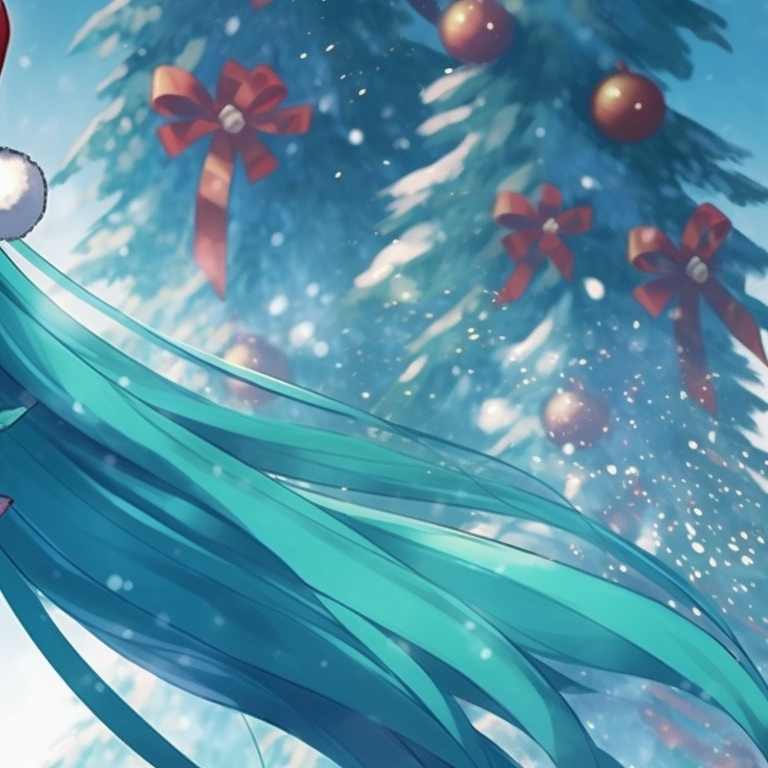 Two Hatsune Miku's in matching red and white Christmas outfits, surrounded by glowing snowflakes. anime theme: matching christmas hatsune miku pfp pfp for discord.