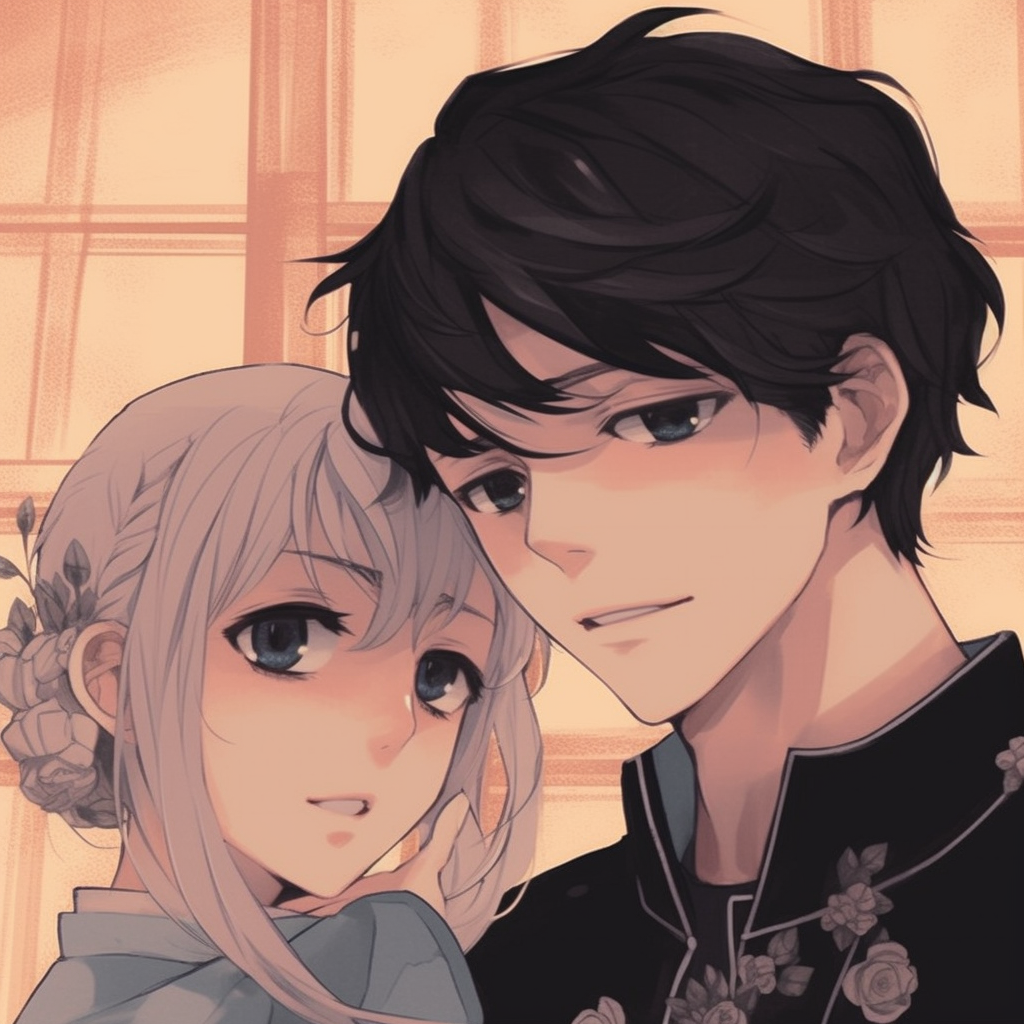 Victor and Yuri smiling, warm colors and flowing lines. aesthetically pleasing anime pfp matching