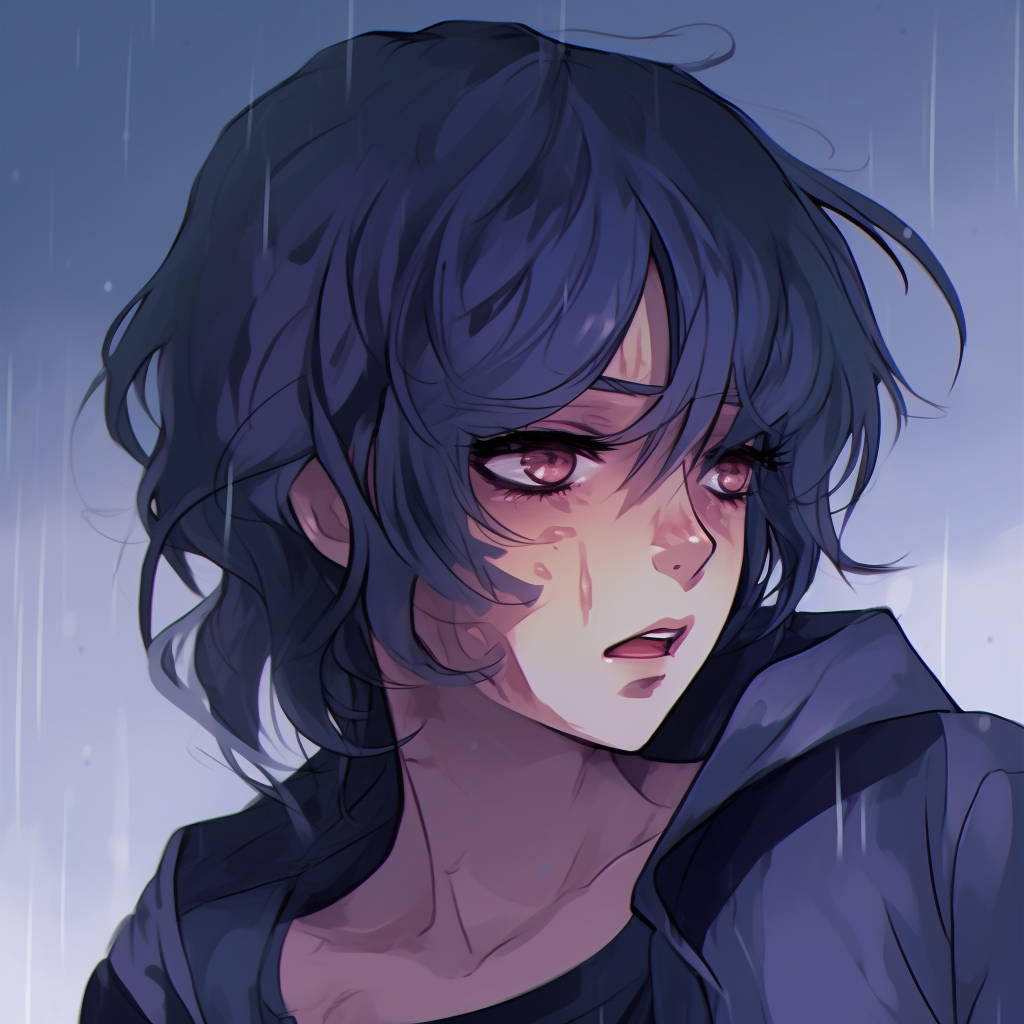 An image featuring a male anime character, filled with rich, dark colors and captivating character detail that portray a gloomy mood. animated depressed anime pfp icons