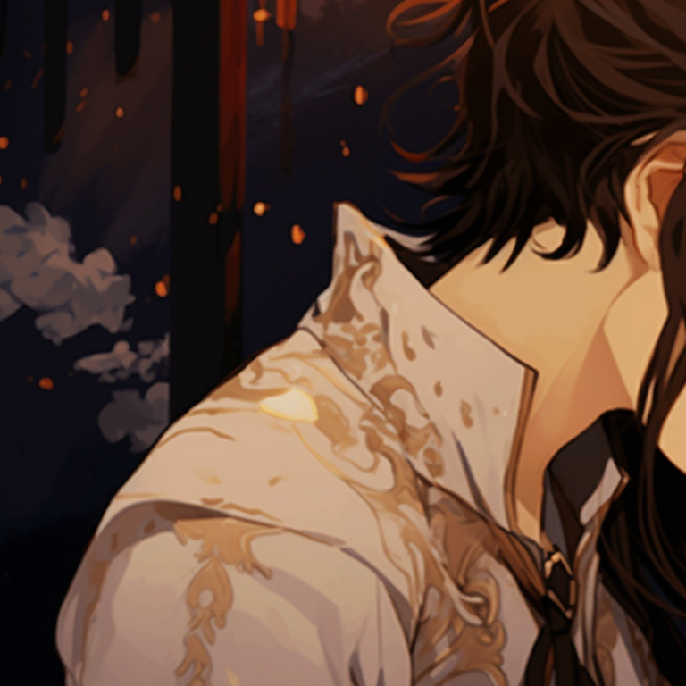 Two characters locked in a gaze, stardust effects and soft background hues. anime matching pfp gifs inspiration pfp for discord.