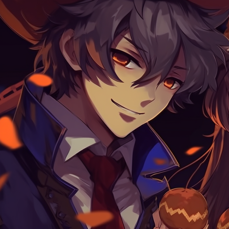 Two characters with jack-o'-lanterns, dynamic poses, bold outlines and warm autumnal hues. best matching anime couple pfp halloween theme images pfp for discord.