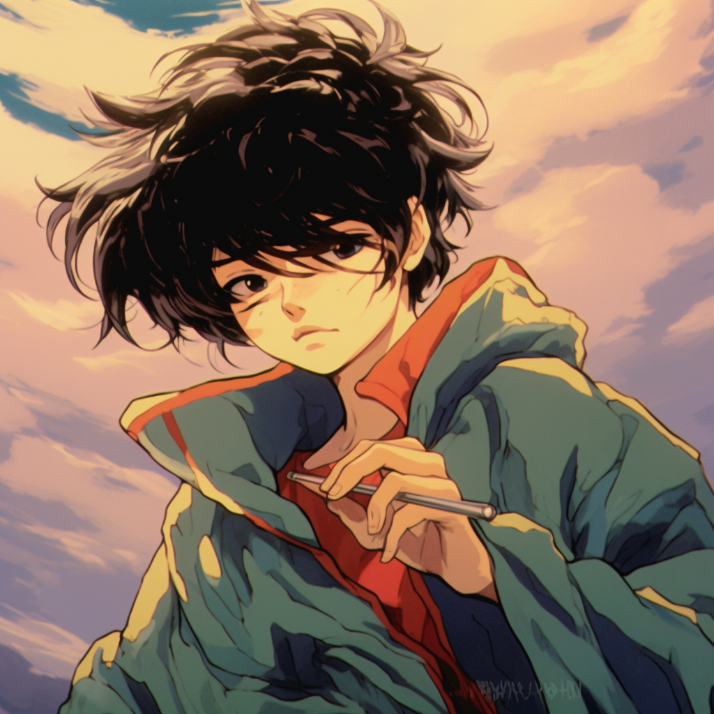 Vintage anime boy standing tall, with dramatic wind effect, showcasing the fluid motion techniques used in 90s anime. vintage 90s anime pfp boy
