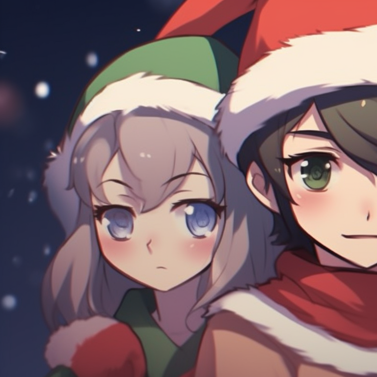 Two characters with halo-like Christmas decors above heads, richly detailed and vibrant. fun-friend group matching christmas pfp pfp for discord.