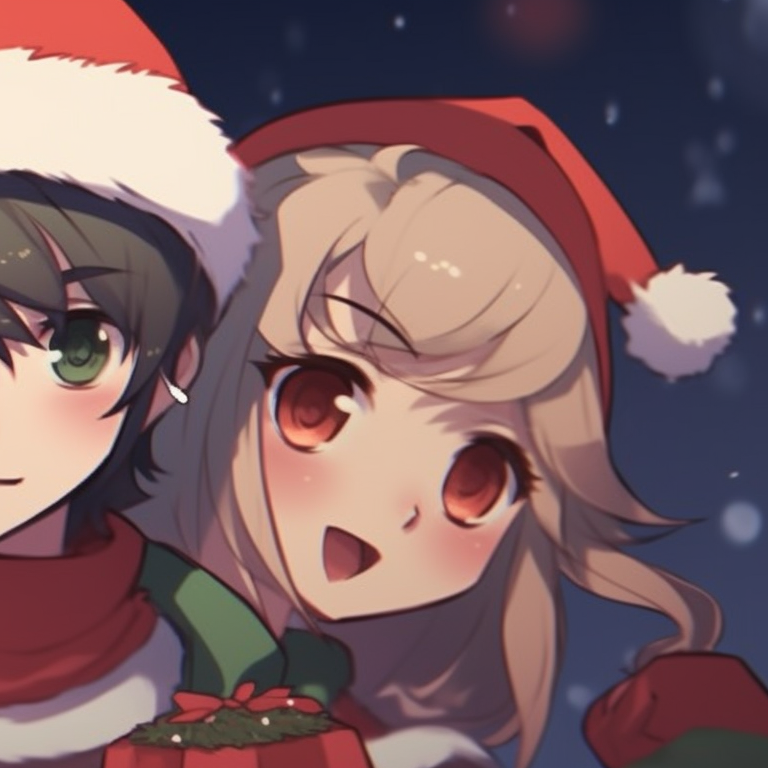 Two characters with halo-like Christmas decors above heads, richly detailed and vibrant. fun-friend group matching christmas pfp pfp for discord.