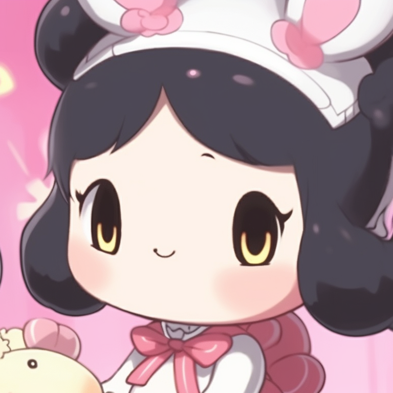 Close-up of My Melody and Kuromi, vibrant colors and big expressive eyes, sharing a sweet cake. perfect my melody and kuromi matching profile pictures pfp for discord.