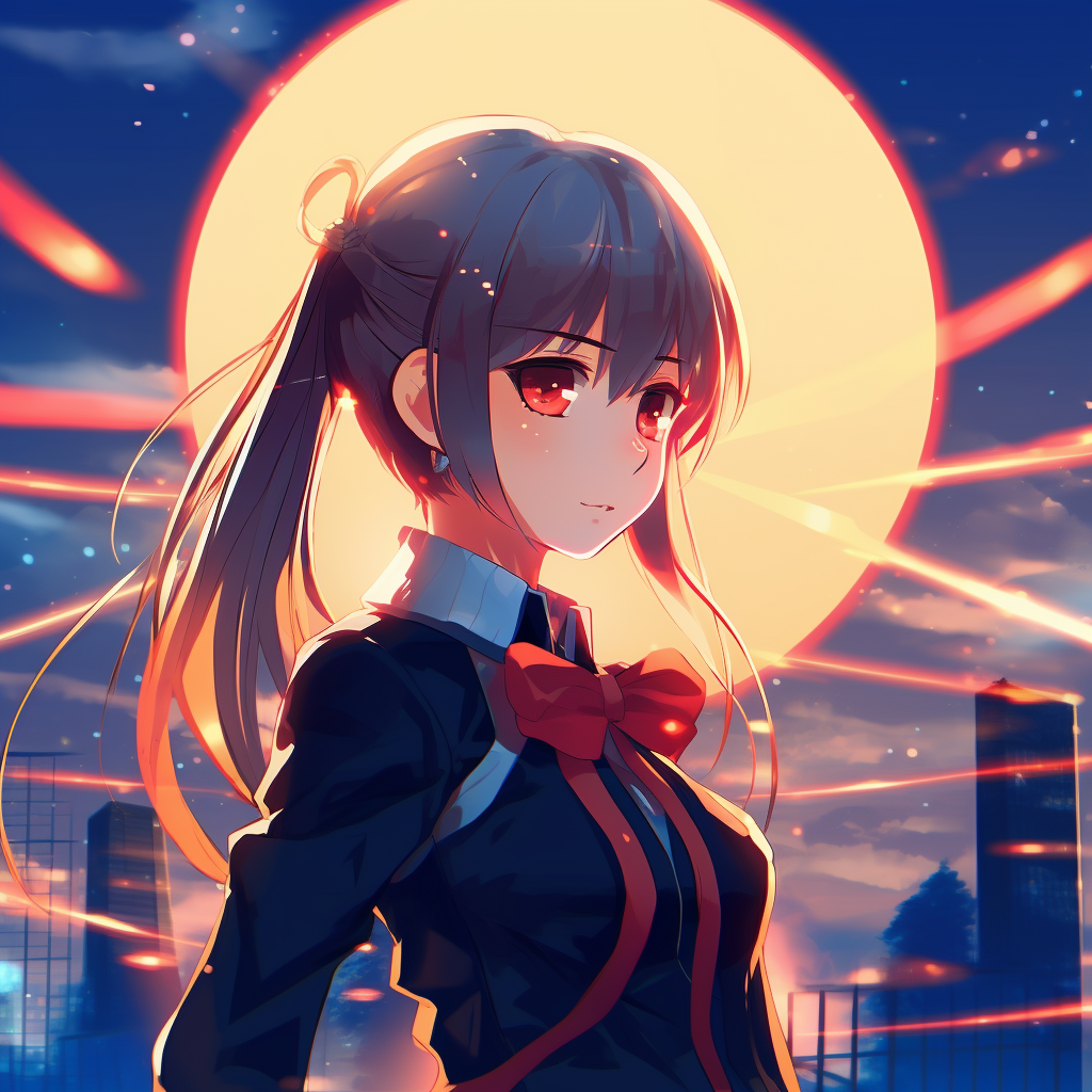 Profile picture of a kawaii anime schoolgirl with oversized bow, rendered in bold colors. cute anime pfp in 4k