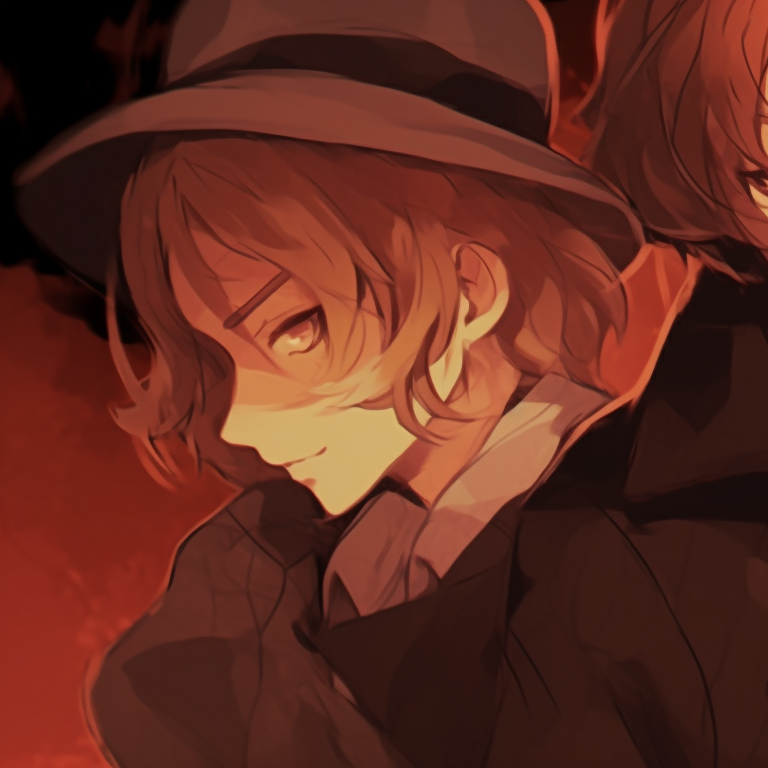 Two characters positioned within a spooky forest, use of earthy tones and intricate details on outfits. chuuya nakahara halloween pfp pfp for discord.