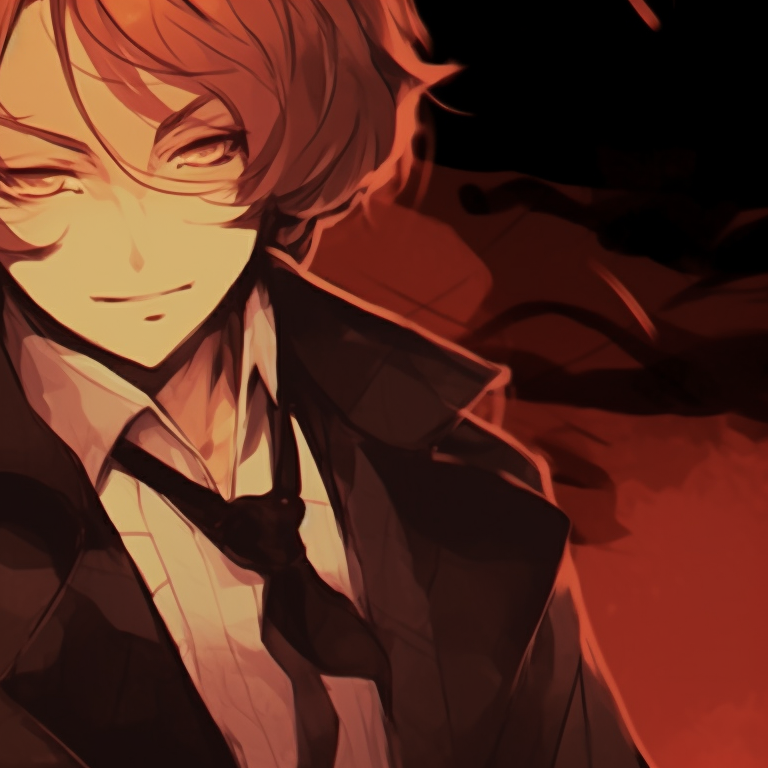 Two characters positioned within a spooky forest, use of earthy tones and intricate details on outfits. chuuya nakahara halloween pfp pfp for discord.