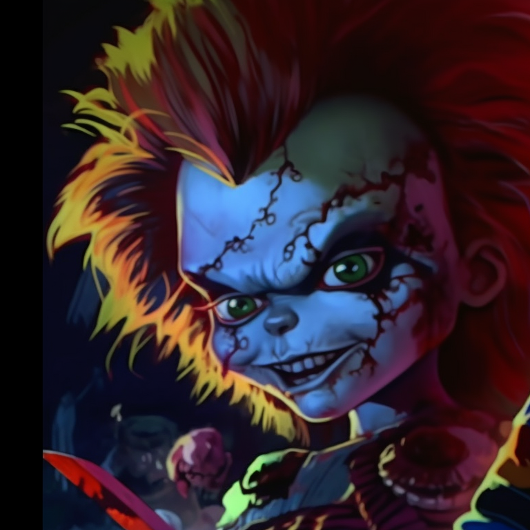 Chucky and Tiffany, vibrant colors and jagged outlines, wielding weapons. matching pfps with chucky and tiffany halloween theme pfp for discord.