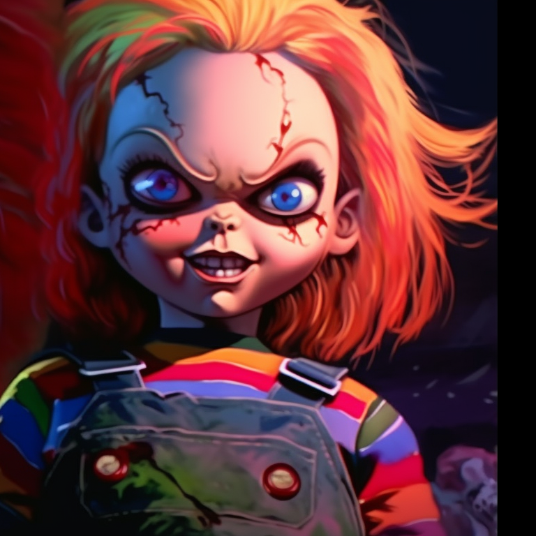 Chucky and Tiffany, vibrant colors and jagged outlines, wielding weapons. matching pfps with chucky and tiffany halloween theme pfp for discord.