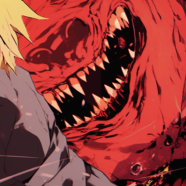 Two characters, Kishibe and Pochita, in a serene pose amidst chaos, contrasting calm and chaos through cool and warm colors. chainsaw man matching pfp tips pfp for discord.