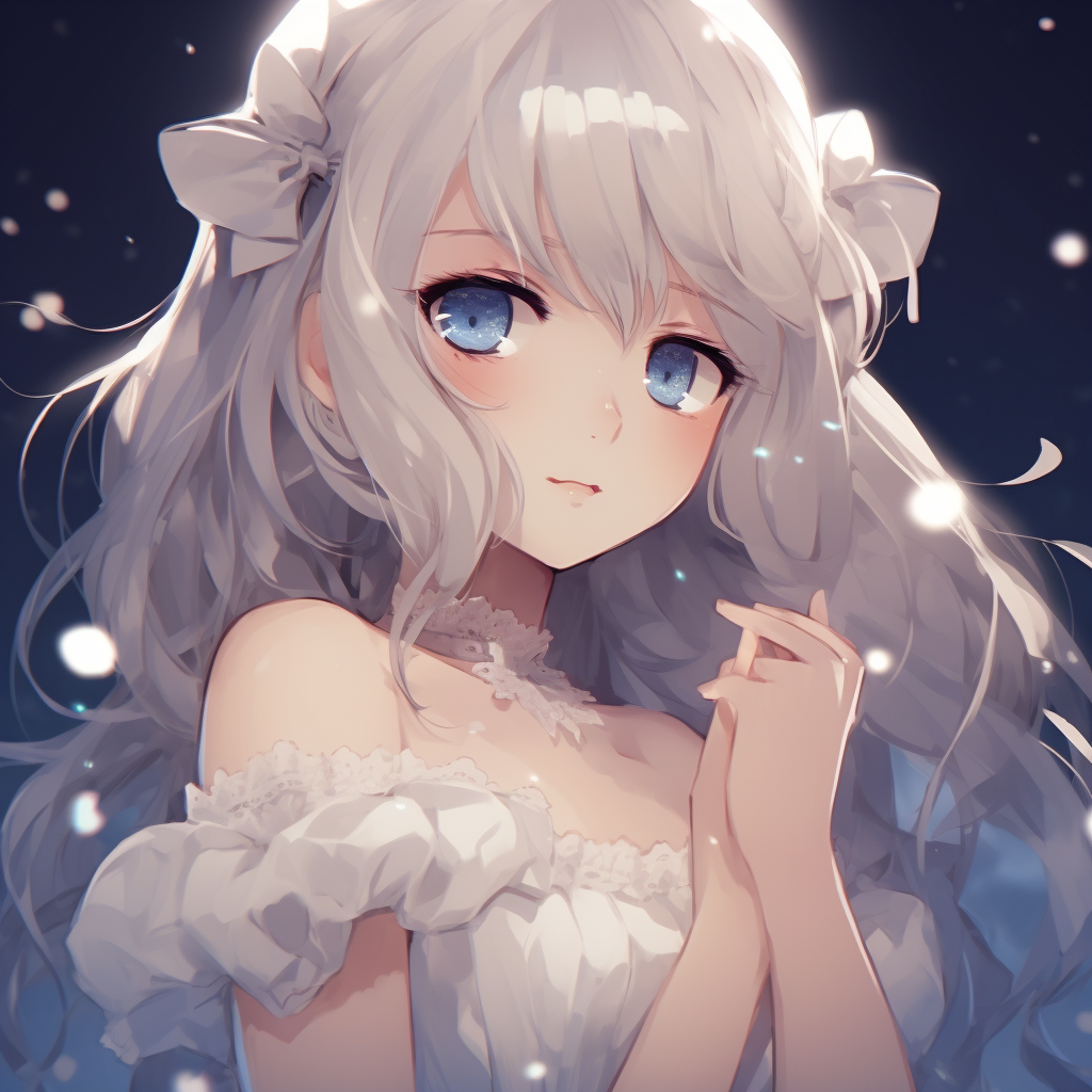 Portrait of a female anime character in a frilly dress, standing under moonlight, cool tones and sparkling effects. unique female anime pfp pfp for discord.
