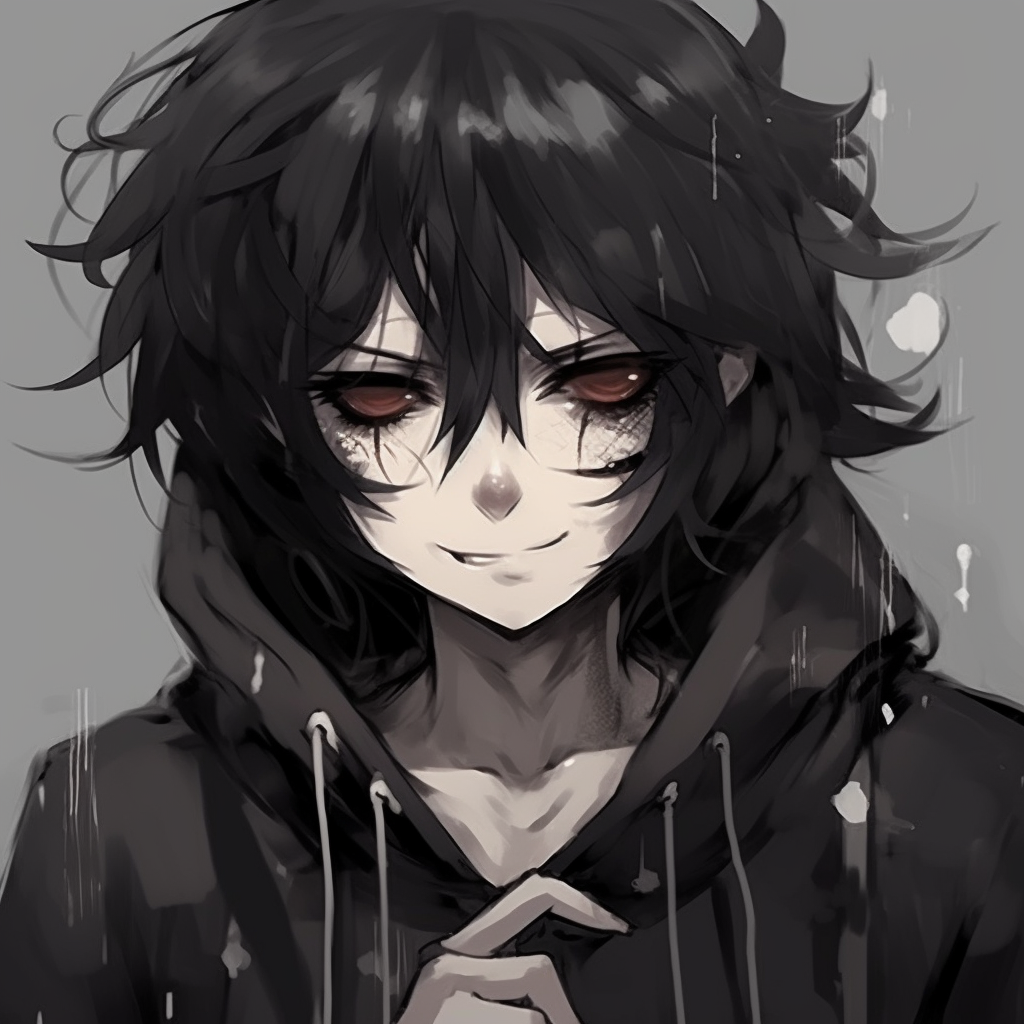 Emo character in a hoodie, saturation of dark colors and complex hair design. emo anime pfp characters