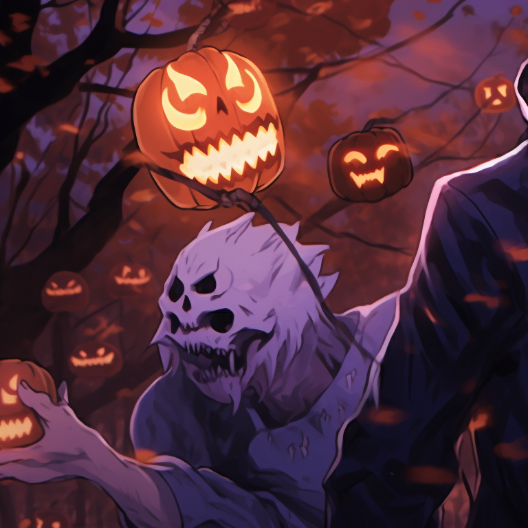 Close-up of two characters, one smirking, the other serious, both in shadowy Halloween costumes with hints of red. matching pfp jujutsu kaisen halloween ideas pfp for discord.