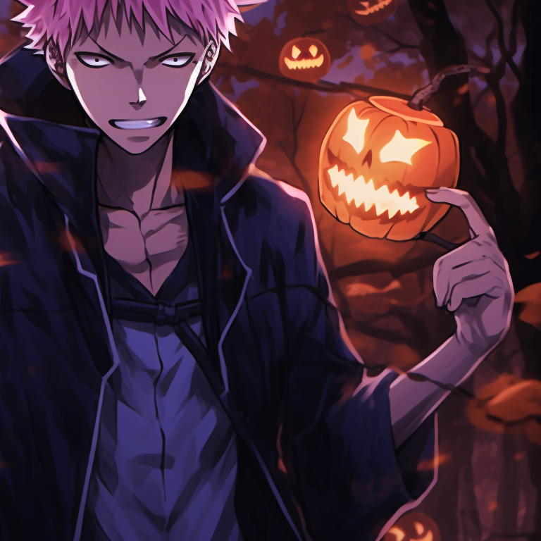 Close-up of two characters, one smirking, the other serious, both in shadowy Halloween costumes with hints of red. matching pfp jujutsu kaisen halloween ideas pfp for discord.