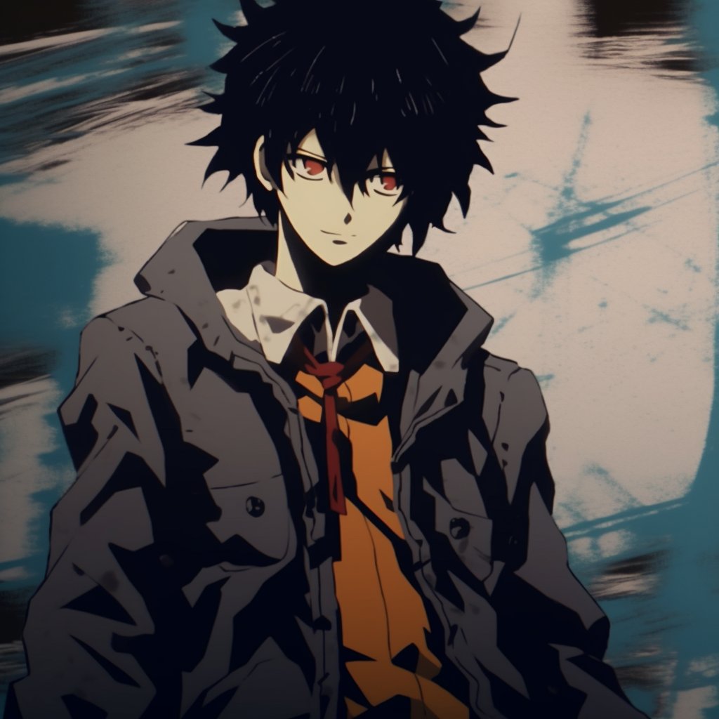 Spike Spiegel from Cowboy Bebop characterized by rough lines and distressed color pattern. top grunge anime aesthetic
