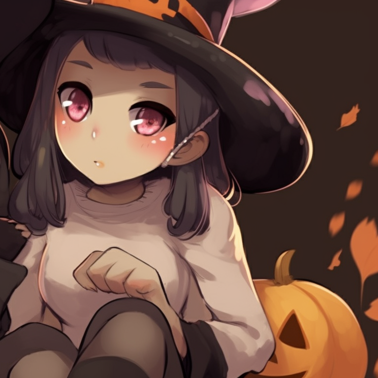 Two characters with pumpkin-themed outfits, rich orange hues and relaxed poses. cute halloween matching pfp for besties pfp for discord.