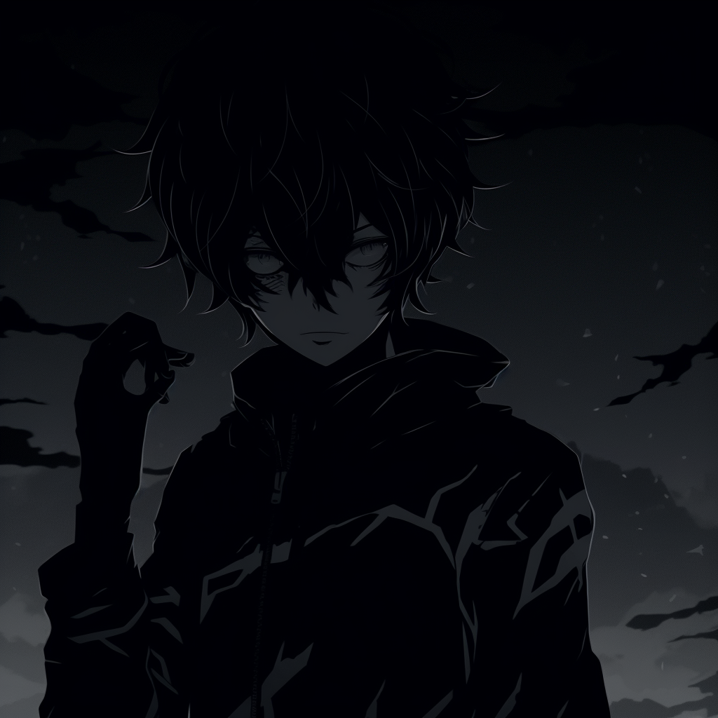 Silhouetted figure of an anime character, exuding dark and moody aesthetic. anthology of anime pfp dark aesthetic pfp for discord.